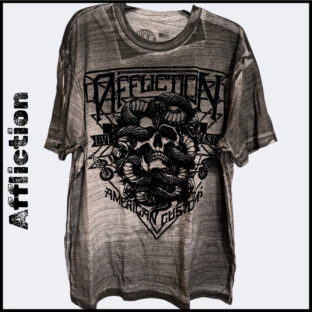 AFFLICTION American Customs Snake & Skull Black Velvet Print Gray Shirt Men 2X